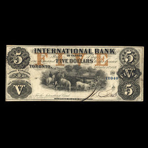 Canada, International Bank of Canada, 5 dollars : 15 septembre 1858