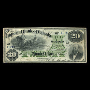Canada, Imperial Bank of Canada, 20 dollars : 1 novembre 1876
