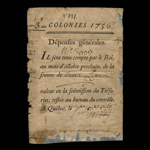 Canada, Administration coloniale française, 3 livres : 1 janvier 1756