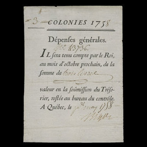 Canada, Administration coloniale française, 3 livres : 1 mai 1758