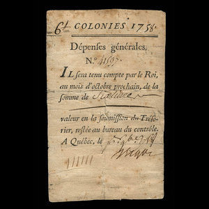 Canada, Administration coloniale française, 6 livres : 1 octobre 1758