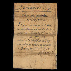 Canada, Administration coloniale française, 12 livres : 1 septembre 1758