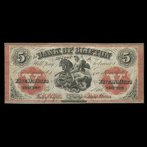 Canada, Bank of Clifton, 5 dollars : 1 septembre 1861