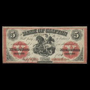 Canada, Bank of Clifton, 5 dollars : 1 septembre 1861