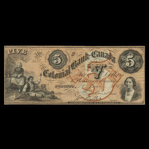 Canada, Colonial Bank of Canada, 5 dollars : 14 juin 1859