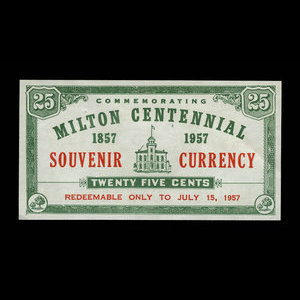 Canada, Ville de Milton, 25 cents : 15 juillet 1957