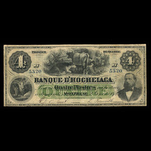 Canada, Banque d'Hochelaga, 4 piastres : 2 janvier 1874