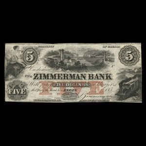 Canada, Zimmerman Bank, 5 dollars : décembre 1856