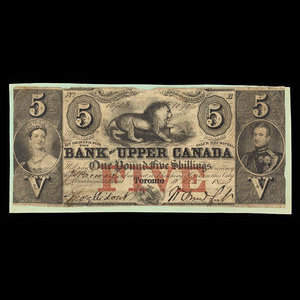 Canada, Bank of Upper Canada (York), 5 dollars : 9 octobre 1849