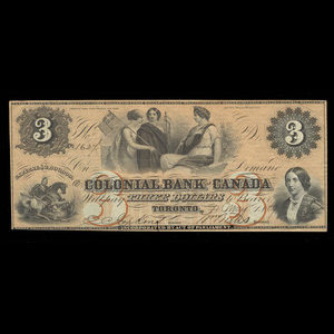 Canada, Colonial Bank of Canada, 3 dollars : 4 mai 1859