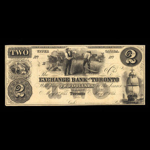 Canada, Exchange Bank of Toronto, 2 dollars : 1 mai 1855
