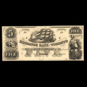 Canada, Exchange Bank of Toronto, 5 dollars : 1 mai 1855
