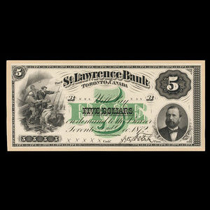 Canada, St. Lawrence Bank, 5 dollars : 2 décembre 1872