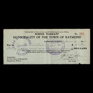 Canada, Ville de Raymond, 46 dollars : 4 janvier 1934