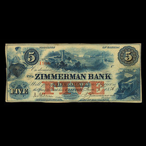 Canada, Zimmerman Bank, 5 dollars : 7 juin 1856