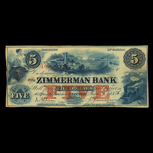 Canada, Zimmerman Bank, 5 dollars : 7 juin 1856