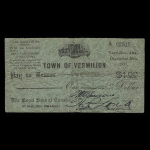 Canada, Ville de Vermilion, 1 dollar : 30 décembre 1933