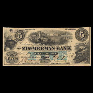 Canada, Zimmerman Bank, 5 dollars : 7 août 1856
