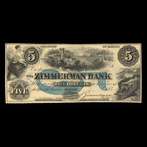 Canada, Zimmerman Bank, 5 dollars : décembre 1856