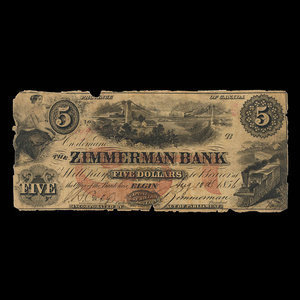 Canada, Zimmerman Bank, 5 dollars : 10 août 1856