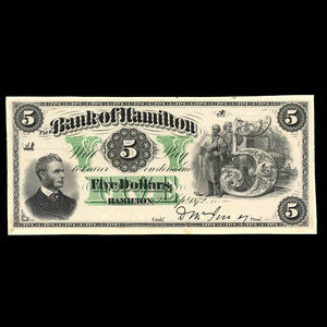Canada, Bank of Hamilton, 5 dollars : 2 septembre 1872
