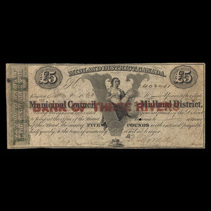 Canada, Municipal Council of the Midland District, 5 livres(anglaise) : 7 janvier 1860