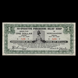 Canada, Ville de Orillia, 1 dollar : 6 octobre 1936