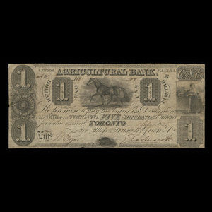 Canada, Agricultural Bank (Toronto), 1 dollar : 1 juillet 1835