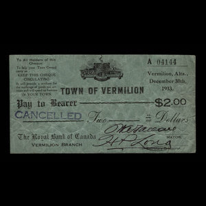 Canada, Ville de Vermilion, 2 dollars : 30 décembre 1933