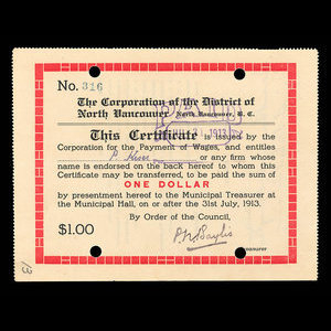 Canada, Corporation of the District of North Vancouver, 1 dollar : 31 juillet 1913