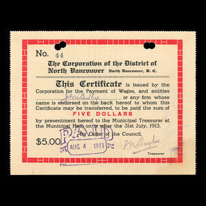 Canada, Corporation of the District of North Vancouver, 5 dollars : 31 juillet 1913