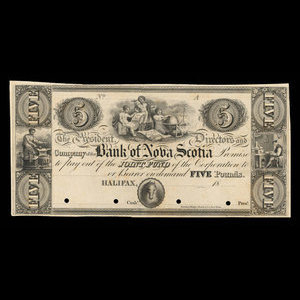 Canada, Banque Nouvelle-Écosse, 5 livres(anglaise) : 1852