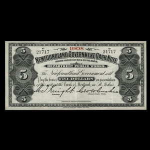 Canada, Terre-Neuve - Département des travaux publics, 5 dollars : 1908
