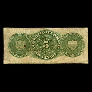 Canada, Consolidated Bank of Canada, 5 dollars : 1 juillet 1876