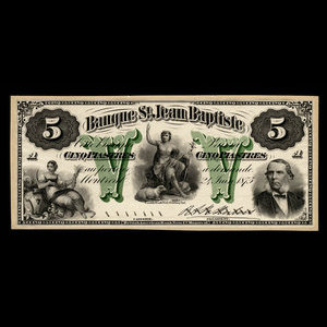 Canada, Banque St. Jean Baptiste, 5 dollars : 24 juin 1875