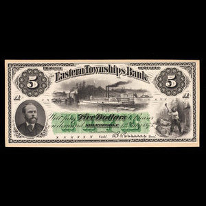 Canada, Eastern Townships Bank, 5 dollars : 1 juillet 1873