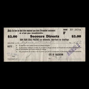 Canada, Cité de Chicoutimi, 2 dollars : 21 juin 1933