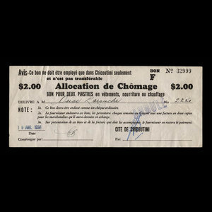 Canada, Cité de Chicoutimi, 2 dollars : 19 juillet 1933