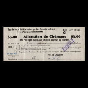 Canada, Cité de Chicoutimi, 3 dollars : 20 septembre 1933