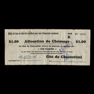 Canada, Cité de Chicoutimi, 1 dollar : 17 janvier 1935
