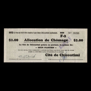 Canada, Cité de Chicoutimi, 2 dollars : 16 février 1935
