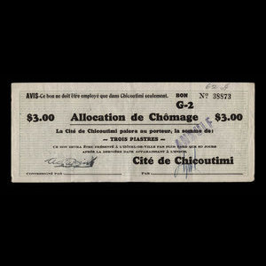Canada, Cité de Chicoutimi, 3 dollars : 10 février 1935