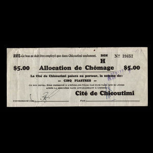 Canada, Cité de Chicoutimi, 5 dollars : 20 décembre 1934