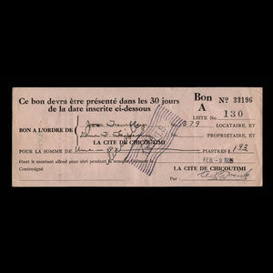 Canada, Cité de Chicoutimi, 1 dollar, 92 cents : 9 février 1935
