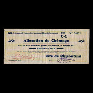Canada, Cité de Chicoutimi, 25 cents : 31 décembre 1936
