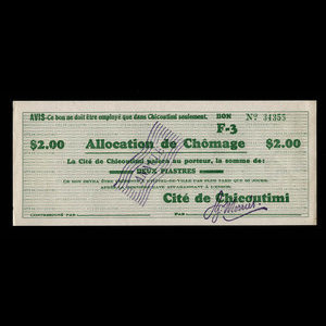 Canada, Cité de Chicoutimi, 2 dollars : 1936