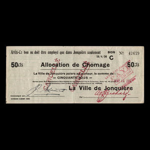 Canada, Ville de Jonquière, 50 cents : 28 avril 1936