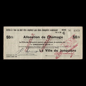 Canada, Ville de Jonquière, 50 cents : 28 avril 1936