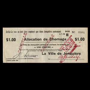 Canada, Ville de Jonquière, 1 dollar : 4 juillet 1936