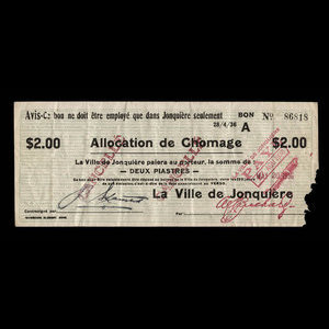 Canada, Ville de Jonquière, 2 dollars : 28 avril 1936